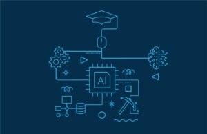 Line drawing of AI, technology, and education related icons