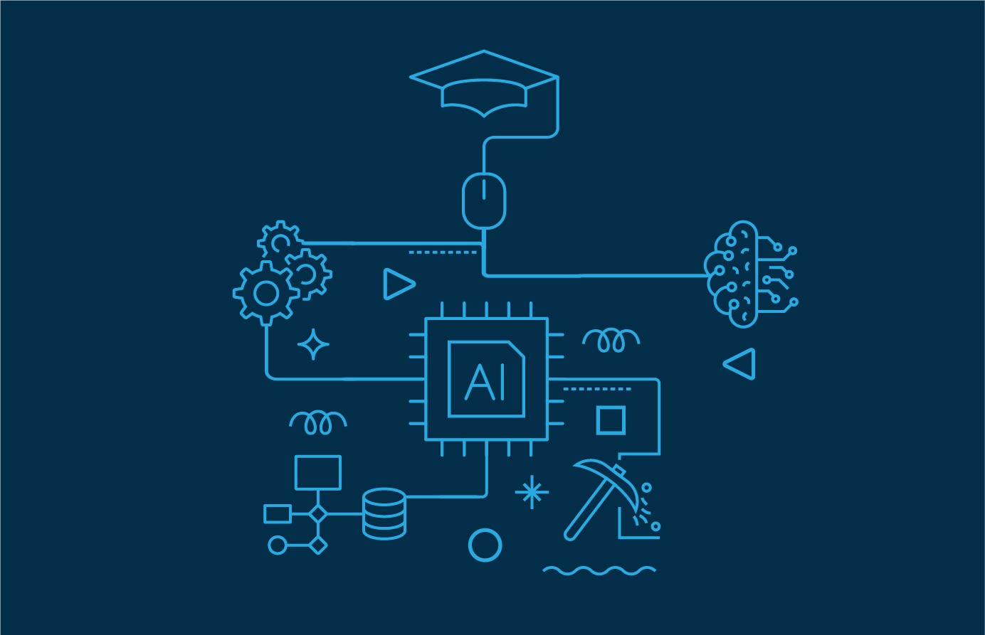 Line drawing of AI, technology, and education related icons