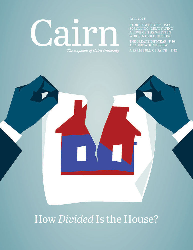 cover of Fall 2024 magazine with title "How Dividing Is the House?" will illustrated hands ripping a piece of paper in two that has a red and blue house on it