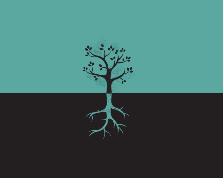 illustration of a black budding tree on a teal background, with teal roots shown on a black background