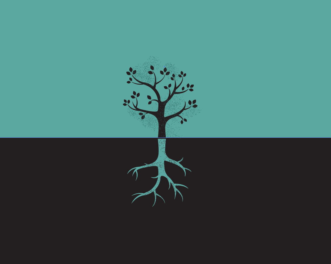 illustration of a black budding tree on a teal background, with teal roots shown on a black background