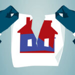 illustration of two hands ripping a piece of paper in two. The paper has a picture of a half-blue, half-red house