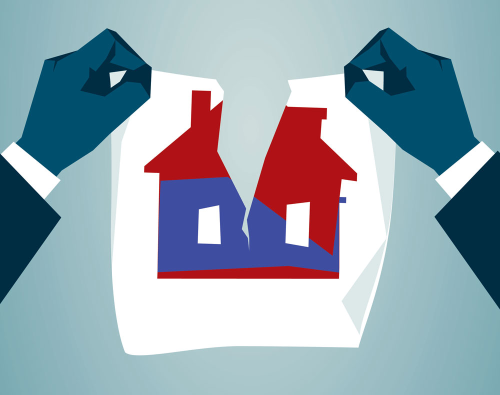 illustration of two hands ripping a piece of paper in two. The paper has a picture of a half-blue, half-red house