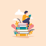 illustration of a young boy reading a book while sitting on a pile of large books