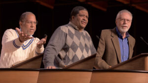 image collage of Dr. Hurst, Dr. Plummer, and Dr. Krewson standing at chapel podium