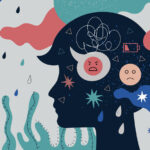 illustration of a human head sillouette surrounded by rain clouds and other decorative doodles. The head is filled with sad faces, scribbles, and a low battery icon.