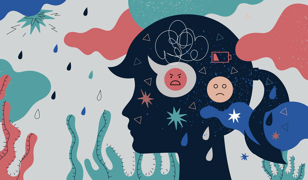 illustration of a human head sillouette surrounded by rain clouds and other decorative doodles. The head is filled with sad faces, scribbles, and a low battery icon.