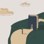 Illustration of a man on a path. He is approaching a larger than life book that resembles a Bible on the path. He will have to walk through a keyhole in the book to continue his journey.