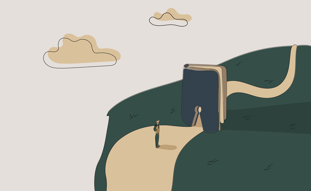 Illustration of a man on a path. He is approaching a larger than life book that resembles a Bible on the path. He will have to walk through a keyhole in the book to continue his journey.