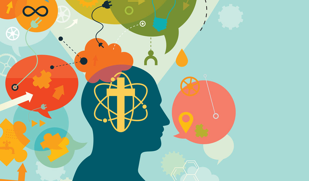 illustration of a human head sillouette surronded by a variety of thought and speech bubbles