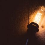 light bulb (on) against a dark wood floor