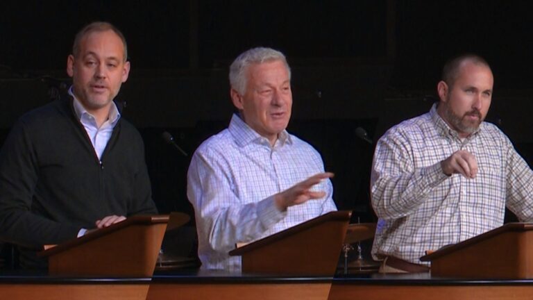 split screen photo of Dr. Kevin McFadden, Dr. Matt McAlack, and Dr. Bryan Murawski standing behind chapel podium