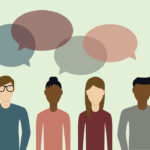 four faceless figures standing side by side with empty speech bubbles floating above them