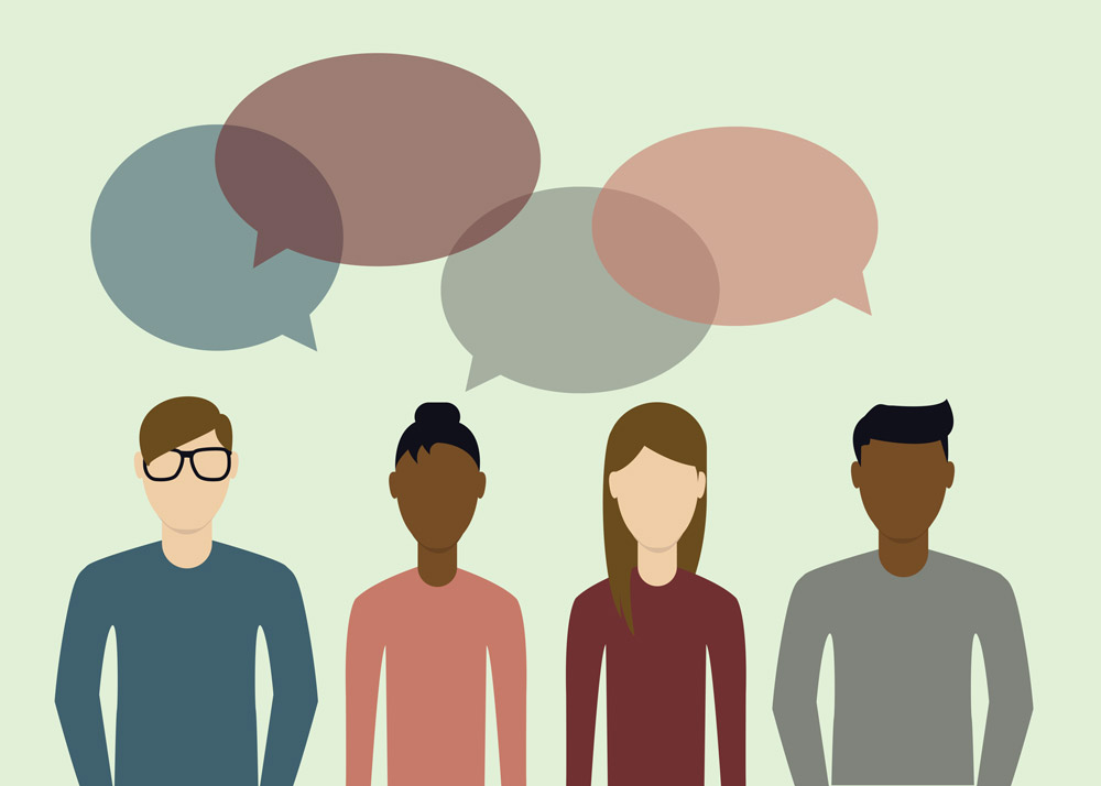 four faceless figures standing side by side with empty speech bubbles floating above them