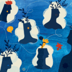 illustration of shadowed figures. One is teaching and the others are listening. Organic matter like plants and flowers are growing out of their heads