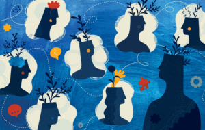 illustration of shadowed figures. One is teaching and the others are listening. Organic matter like plants and flowers are growing out of their heads