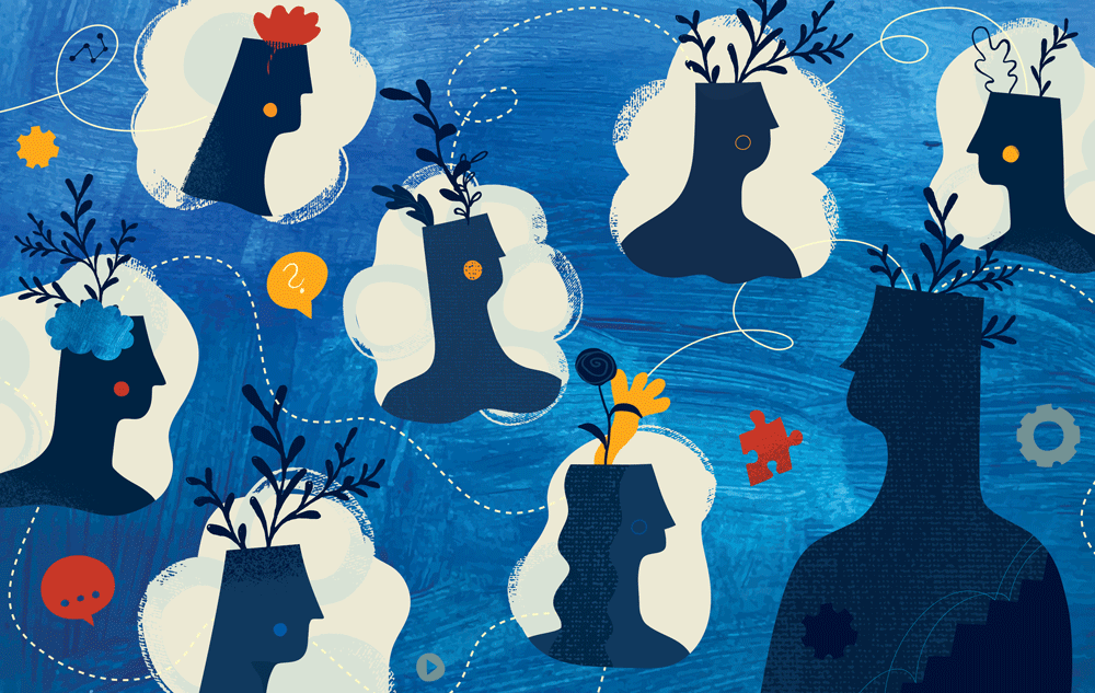 illustration of shadowed figures. One is teaching and the others are listening. Organic matter like plants and flowers are growing out of their heads