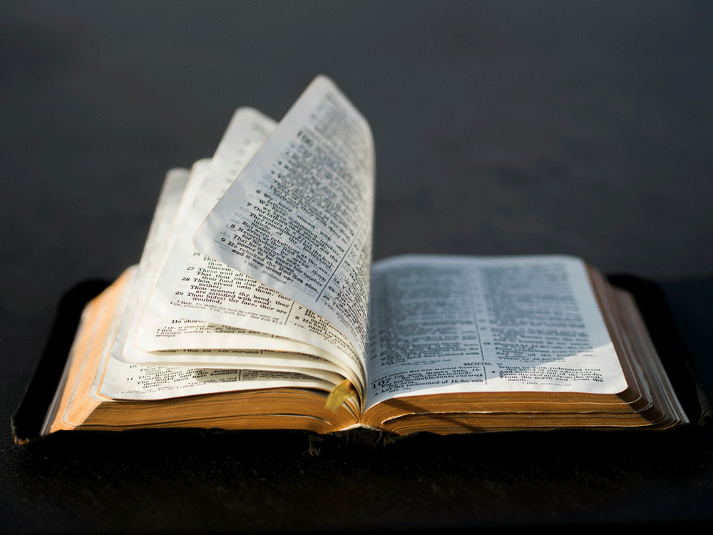 image of open Bible on a table with fanning pages