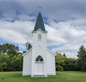 image of a small white church building with a steeple